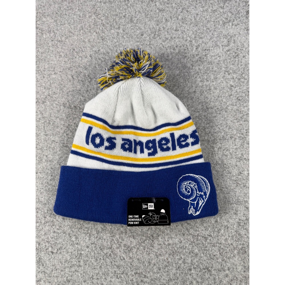 New Era Los Angeles Rams NFL Knit Beanie Hat Blue White Gold Removable Pom Pom